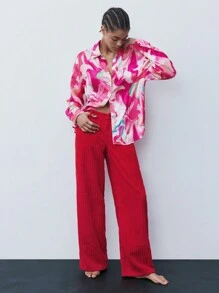 Maija Women's Solid Color Pocketed Casual Straight Leg Pants - Red - View 3