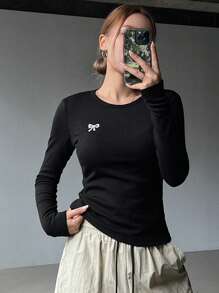 DAZY Women's Bow Print Warm T-Shirt Long Sleeve Women Tops - Black - View 6