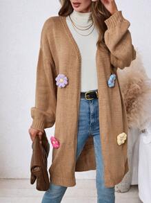 SHEIN LUNE Trang trí hoa 3D đầy màu sắc dành cho nữ Áo cardigan dài tay phía trước mở hàng ngày đơn giản - Màu be - Xem 8