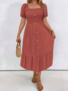 SHEIN LUNE Plus Size Solid Color Square Neck Ruffle Hem Short Sleeve Dress - Orange - View 1