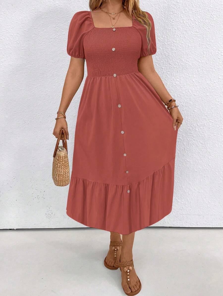 SHEIN LUNE Plus Size Solid Color Square Neck Ruffle Hem Short Sleeve Dress - Orange - View 1