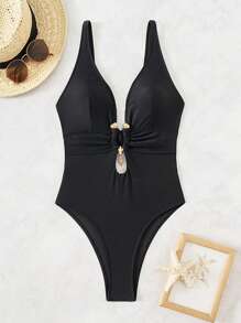 Swim SXY 1 件女士纯色露背性感连体泳衣，夏季海滩 - 黑色 - 查看 4