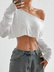 Flirla 纯色性感不对称领口短款长袖衬衫，女士休闲不对称，生菜饰边，罗纹针织落肩不对称领口宽松白色粘胶纯色女士上衣，春季/秋季，休闲日常穿着