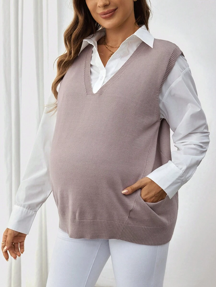 SHEIN Pregnant Women Casual Solid Color Knitted Sweater Vest, Spring & Autumn, For Maternity - Khaki - View 1
