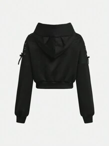 SHEIN Girlism 青少年女孩万圣节时尚街头黑猫耳朵连帽长袖抽绳套头衫，秋冬 - 黑色 - 查看 2