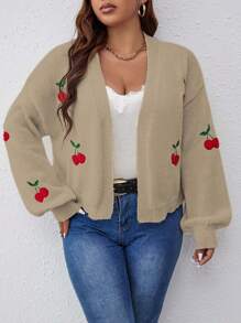 Flirla Plus Size Cherry Print Casual Loose Style Knit Cardigan, Long Sleeve - Khaki - View 6
