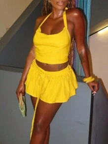 SHEIN Slayr 2 件套女士休闲纯色露背短款上衣和中长裙套装，夏季 - 黃色 - 查看 1