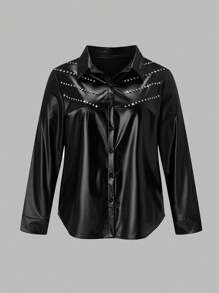Calvaya 大码长袖水钻装饰仿皮机车风纽扣衬衫 - 黑色 - 查看 3
