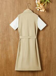 Tween Girls Khaki Sleeveless Shawl Collar Belted Trench Coat - Khaki - View 2