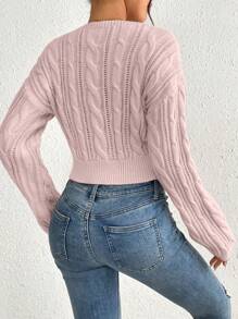 Chiquease Women's Solid Color Crew Neck Long Sleeve Knit Sweater Knit Pullover Fall Winter Outfit - Pink - View 2