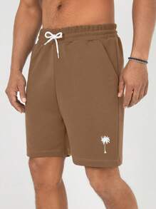 RueChic Men's Palm Tree Printed Drawstring Elastic Waist Loose Shorts, Vacation Style - Camel - View 6