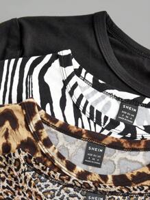 SHEIN EZwear 4pcs/Set Women's Leopard & Zebra Print Milano Pattern Round Neck Short Sleeve Fitted T-Shirts, Summer Wear
