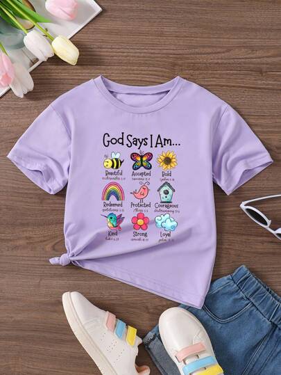 Young Girls Cute Animal & Plant Graphic English Slogan Round Neck T-Shirt
