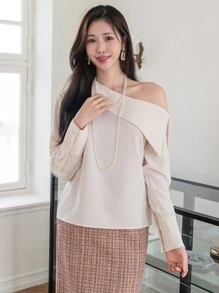 DAZY Blusa feminina de manga comprida com ombro assimétrico e cor sólida, roupas de outono - Bege - Ver 5