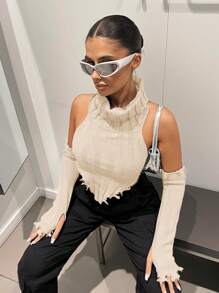 SHEIN ICON Y2k Spring  Turtleneck Asymmetrical Hem Crop Knit Top With Arm Sleeves - Khaki - View 5