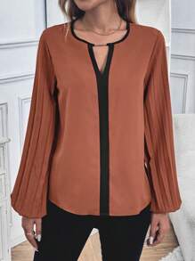 SHEIN LUNE Camisa de manga larga sencilla con bloques de color para mujer - Marrón - Ver 5
