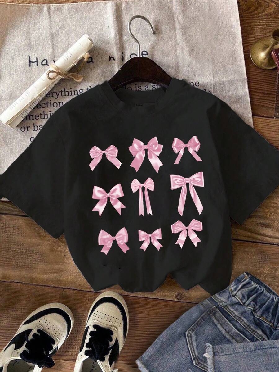 SHEIN Leap Crew Camiseta de manga corta, cuello redondo, informal y holgada con estampado de mariposa negro, para niña preadolescente, primavera/verano - Negro - Ver 1