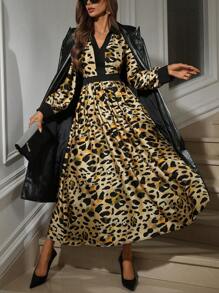 SHEIN Clasi Women's Elegant Leopard Print Contrast Color Block Long Sleeve Dress Fall Cloth For Women - Multicolor - View 4