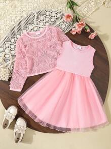 SHEIN 2pcs Girls' Long Sleeve Jacquard Embroidery Mesh Dress & Net Tulle Set, Spring/Autumn - Pink - View 4