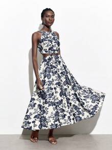 Maija 2026 Spring/Summer Women's Collection Dark Blue Silhouette Floral Print Open-Back Resort Dress With A Cinched Waist And A-Line Silhouette,Summer Beach Vacation,Ummer Dresses For Women,Beach Outfit For Women,Vacation Outfits Women, Floral Dress For Women - Blue - View 9