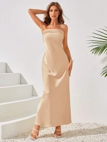 女士纯色简约休闲抹胸连衣裙 - 藕粉色 - 查看 6