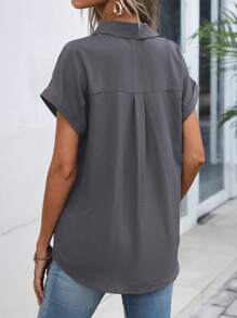 EMERY ROSE 纯色前扣夏季休闲短袖衬衫 - 深灰色 - 查看 2