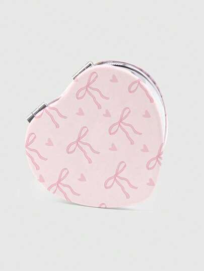 Kawaii 1 pezzo Specchietto compatto per trucco a forma di cuore con fiocco rosa in PU, motivo casuale