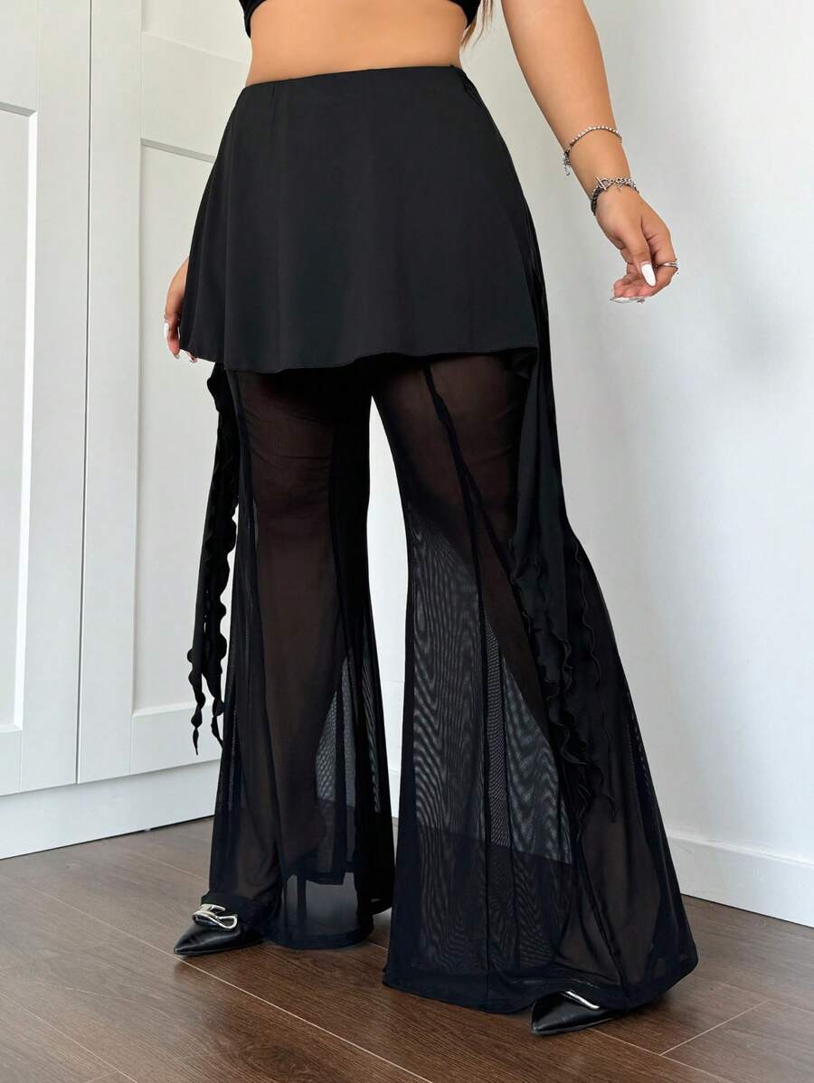 SHEIN ICON Plus Size Mesh Layered Pants - Black - View 1
