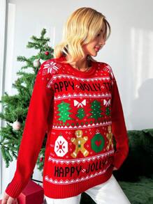 EURMUSE 聖誕圖案落肩袖套頭毛衣 - 紅色 - 查看 3