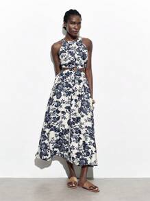 Maija 2026 Spring/Summer Women's Collection Dark Blue Silhouette Floral Print Open-Back Resort Dress With A Cinched Waist And A-Line Silhouette,Summer Beach Vacation,Ummer Dresses For Women,Beach Outfit For Women,Vacation Outfits Women, Floral Dress For Women - Blue - View 8