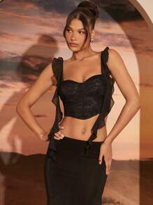 Hauture 女式荷葉邊珍珠束腰上衣 - 黑色 - 查看 3