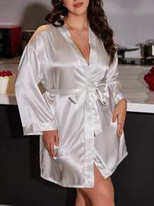 SilkySpell Plus Letter Graphic Belted White Satin Robe, For Fall - White - View 3