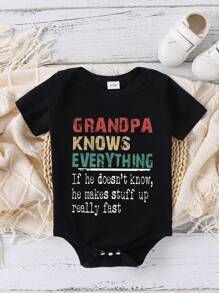 SHEIN Pelele de manga corta con estampado de letras lindo para bebé niño, verano - Negro - Ver 1