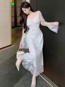 DAZY 女士蕾丝长袖方领中长款派对/舞会礼服太阳裙、秋装 - 白色 - 查看 7