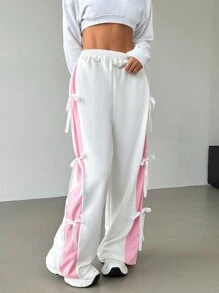 SHEIN EZwear Women's Elastic Waist Contrast Color Straight Leg Casual White Sweatpants With Bow Tie Graduation,Back To School Outfits,Graduation,Teacher Outfits For Women,Back To School