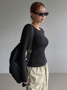 DAZY Women's Bow Print Warm T-Shirt Long Sleeve Women Tops - Black - View 4