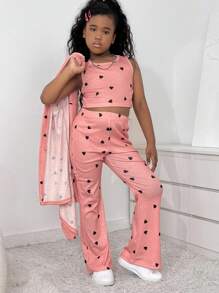 SHEIN Explorewe Tween Girls 心形印花长袖夹克、背心和喇叭裤套装 - 粉色 - 查看 5