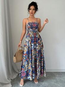 Breezaya 佩斯利印花细肩带连衣裙，度假休闲长款度假海滩装女士 - 彩色 - 查看 6