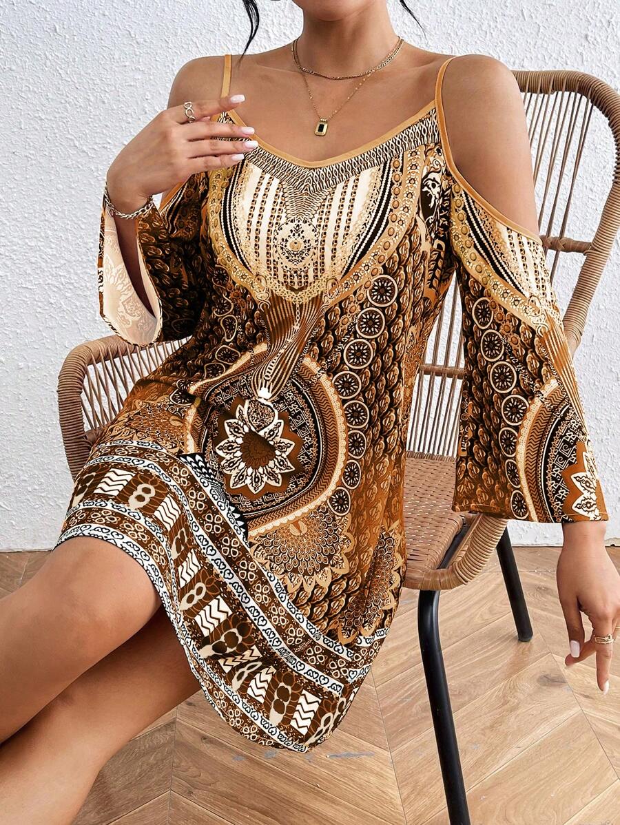 Breezaya Women Vintage Style Print Off Shoulder Dress Vacation Beach Outfit - Brown - View 1