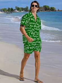 Manfinity Men's Floral Print Front Open Shirt And Drawstring Pocket Casual Shorts 2 Pieces Beach Outfit