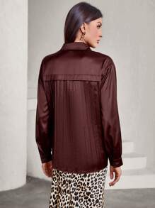 GENKIRA French Style POLO Collar Solid Color Single Breasted Back Pleat Detail Long Sleeve Blouse For Women - Coffee Brown - View 2