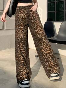 DAZY Women's Leopard Print Loose Straight Leg Jeans Cheetah Print - Brown - View 3