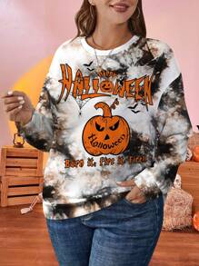 SHEIN LUNE Plus Size Women's Casual Letter Print Loose Fit Long Sleeve Crewneck Sweatshirt For Fall & Winter, Halloween
