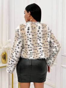 VaVaBold Women's Mob Wife Party Leopard Print Short Faux Furr Winter Jacket - Khaki - View 2