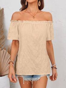 SHEIN LUNE Áo trễ vai xếp nếp ngắn tay dáng rộng thoải mái cho nữ - Màu be - Xem 6