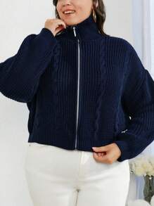 RueChic Cable Knit Drop Shoulder Zipper Cardigan - Navy Blue - View 4