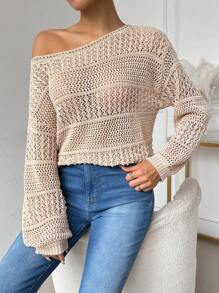SHEIN LUNE 2024 Autumn Mixed Off-Shoulder Hollow Knitted Sweater - Brown - View 5