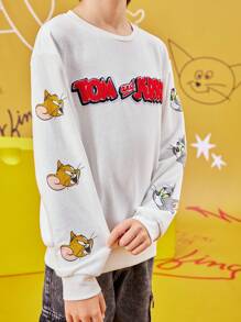 TOM & JERRY X SHEIN 1 pieza Sudadera oversize de hombros caídos con estampado de dibujos animados para niño preadolescente en blanco - Blanco - Ver 8
