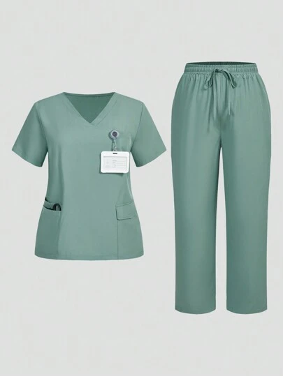TaskEZ Plus Size Women V-Neck Short Sleeve Pocket Scrub Top And Pants Healthcare Uniform