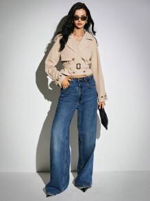 Poéselle Abrigo corto de gabardina caqui para mujeres, de doble botonadura y corte cruzado. Abrigo de gabardina informal para otoño/invierno, prendas básicas de otoño, ropa de negocios casuales, abrigo suelto